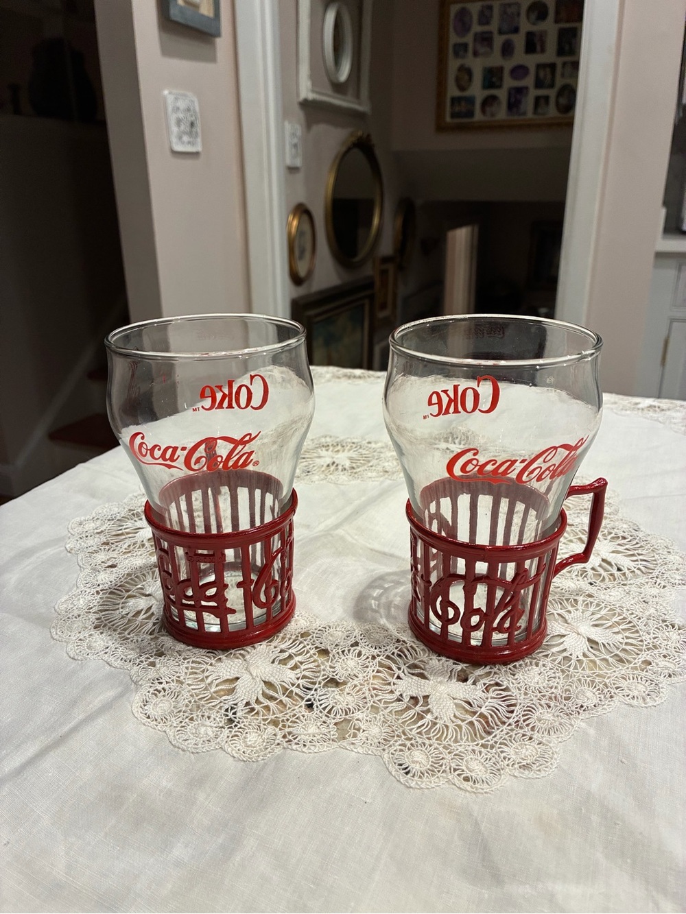 Vintage Coca Cola Clear Glass Tumblers with Red Metal Holders